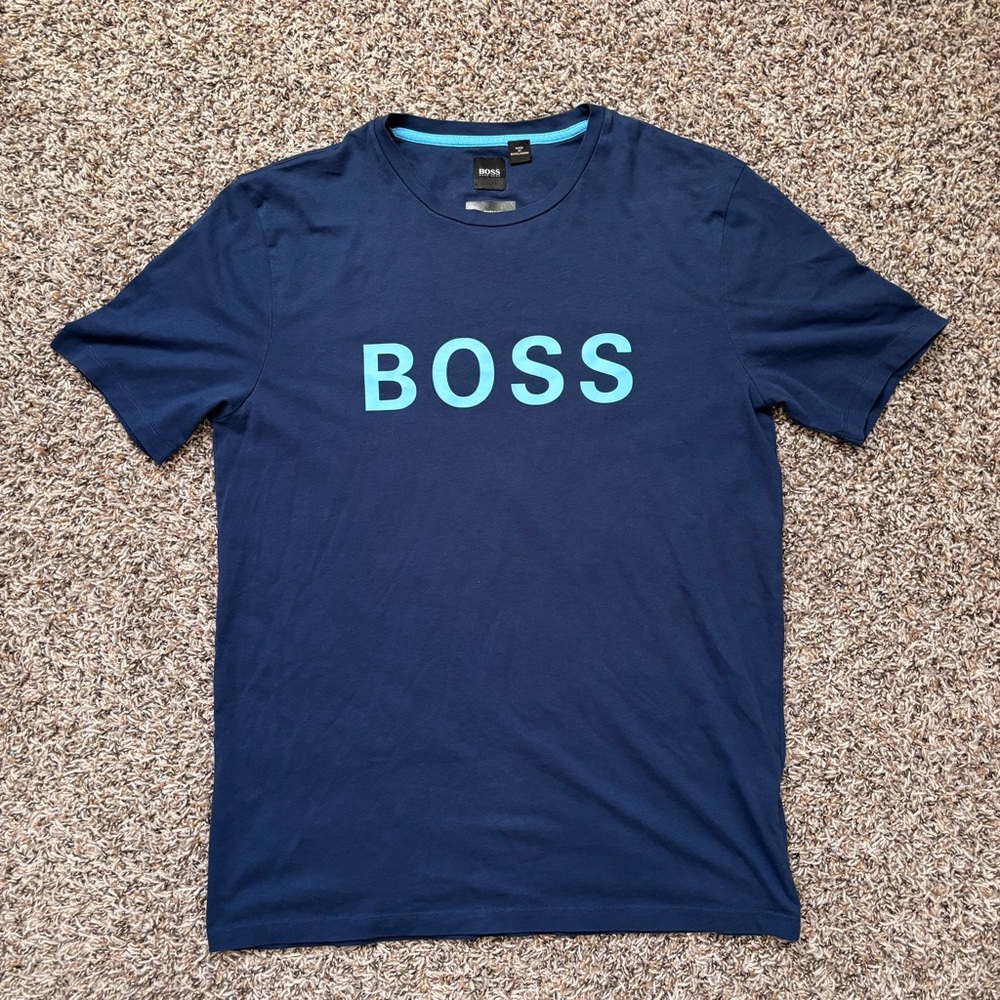 BOSS Men's Dark Blue Tee with Light Blue Logo
